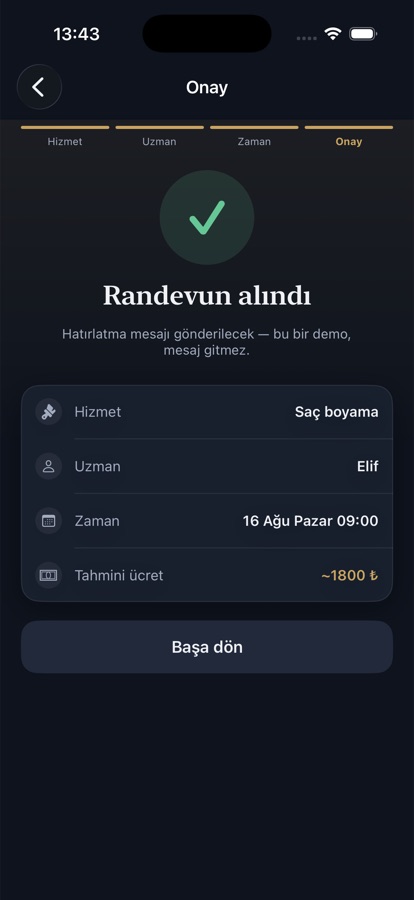 Randevu uygulaması: onay ve özet ekranı
