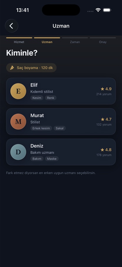 Randevu uygulaması: uzman seçimi, puan ve uzmanlık etiketleri
