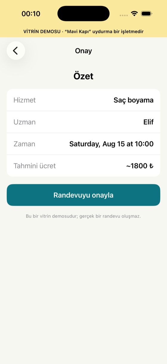 Randevu uygulaması: onay ve özet ekranı